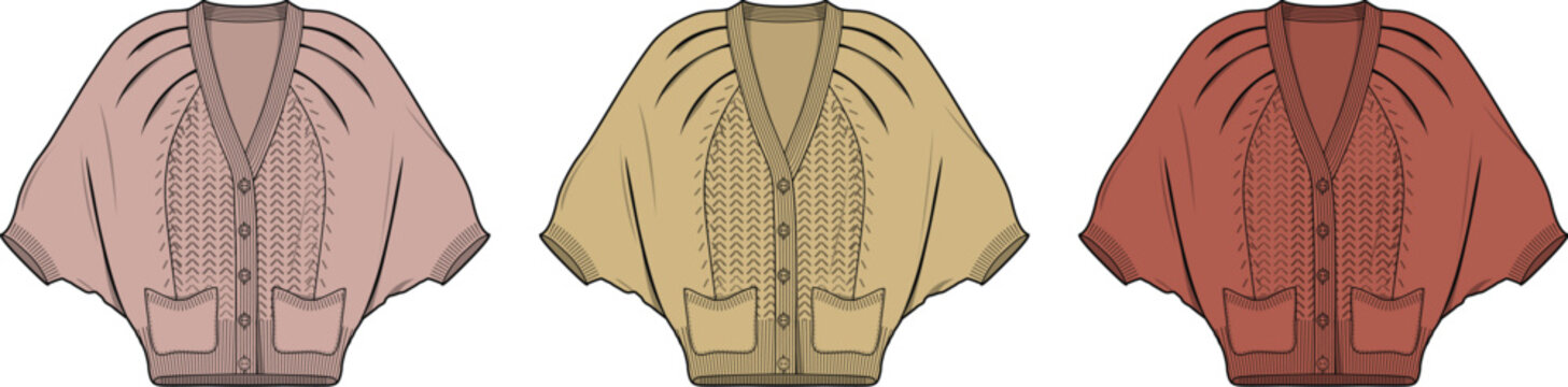 Fashion technical flat sketch set of a women's dolman sleeve jacket in three color variations for apparel design and tech packs