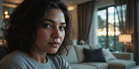 Smart Home Longevity Hub for Seniors - A 68-year-old South Asian woman managing her health and lifestyle through a futuristic