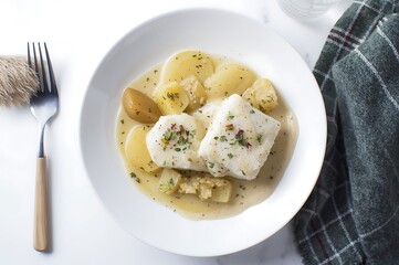 Delicious baked fish with potatoes and herbs served in a white bowl