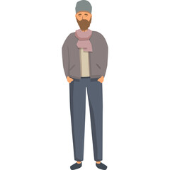 A Bearded Man Wearing A Grey Beanie Scarf and Jacket Standing With Hands In Pockets Against A White Background