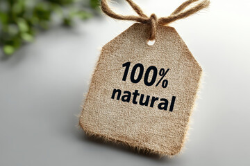Authentic 100% natural product tag with rustic burlap texture, perfect for eco friendly branding and organic marketing campaigns