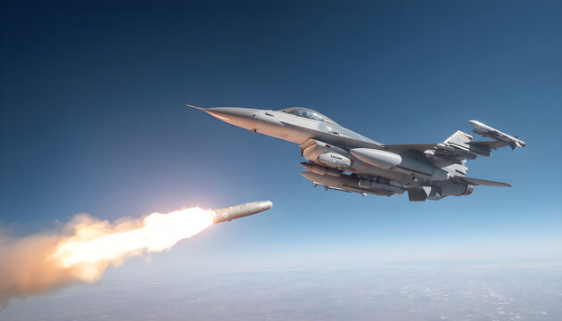 Military fighter jet having just launched one large air-to-surface missile, single big guided missile flying ahead of aircraft with bright orange exhaust flame