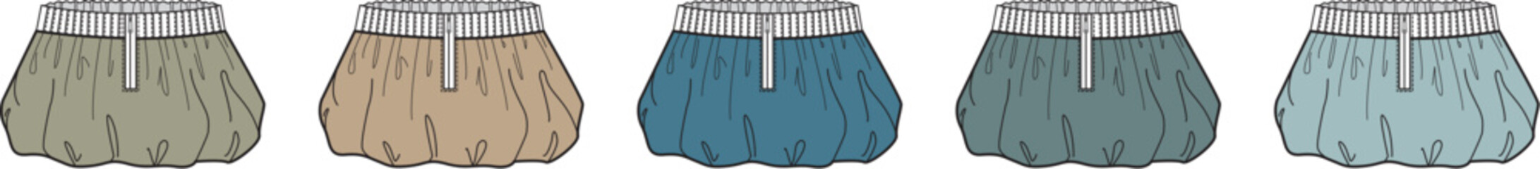 Vector illustrations of five comfortable, loose shorts with elastic waists and gathered hems. Muted earthy and cool tones for casual fashion design