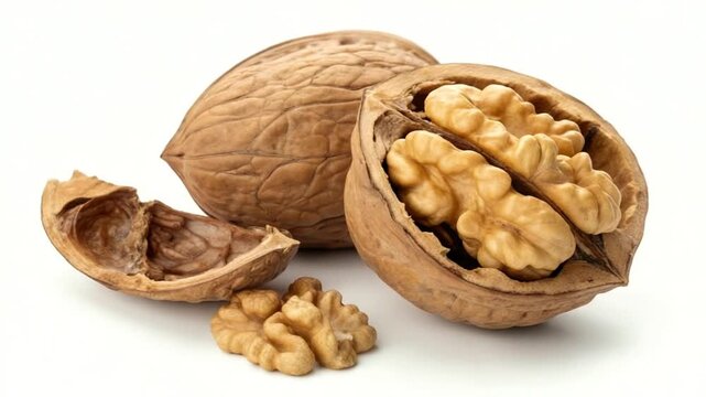 two walnuts isolated on white background, orbit video
