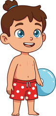 Cute cartoon boy in red polka dot swim shorts holding blue float ring, ready for summer beach swimming fun