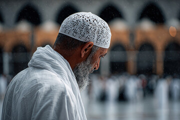 Pilgrim man adjusting kufi cap before Umrah departure
