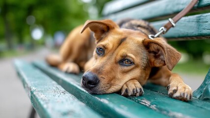sad abandoned dog tied to bench in park