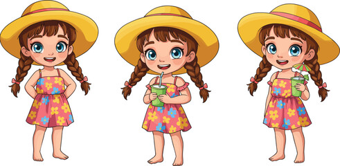 Cute little girl, summer dress, big hat, braided hair, cartoon character, happy child, tropical drink, smiling, vacation theme, vector illustration
