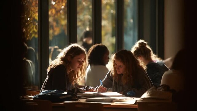 Students studying in a classroom with natural light and soft focus