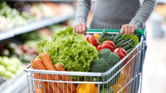 shopping cart full of fresh vegetables in supermarket