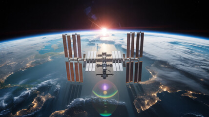Fototapeta premium International space station orbiting earth with sunrise satellite