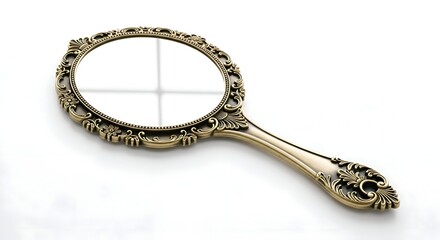 A retro handheld mirror with ornate frame, on white surface