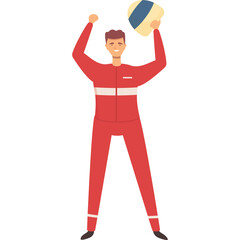 A Happy Man in a Red Tracksuit Holds a Blue and Yellow Ball Above His Head With His Arms Raised in...