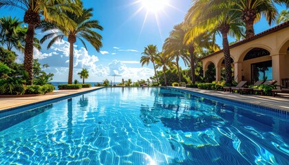 Luxurious Resort Infinity Pool Overlooking Turquoise Ocean Under Bright Sunny Sky Palm Trees and Spanish Architecture