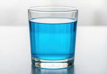 Clear glass filled with bright blue liquid on reflective table surface