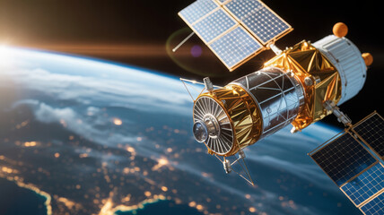 Satellite in orbit above earth with city lights visible satellite