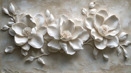 Ornamental magnolia flowers, 3D relief, beige wall background, decorative art, wallpaper, interior design