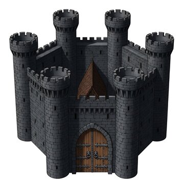 Isometric view of a dark gray stone castle with towers and a wooden gate
