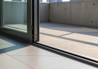 Close-up of a modern sliding glass door opening onto a sunlit concrete balcony or patio