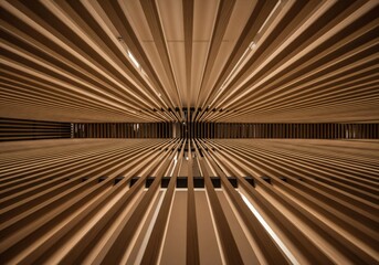 Obraz premium Abstract low-angle perspective of a wooden slat ceiling or wall creating a sunburst pattern