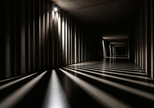 Dark and dramatic corridor with ribbed walls, sharp light, and long shadows on the floor