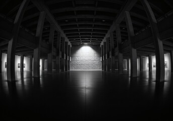 Black and white dramatic perspective of a vast, empty concrete hall or gallery