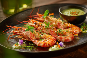 Exquisite grilled shrimp with vibrant green sauce and herb garnish, a culinary delight perfect for upscale restaurant menus and seafood promotions