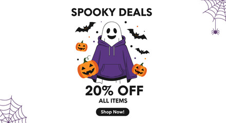 Spooky Halloween deals graphic with ghost in hoodie pumpkins and bats Perfect for holiday sales promotions