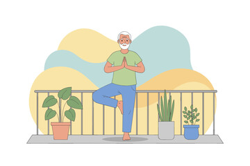 Senior man practicing yoga tree pose on balcony for health balance and mindfulness