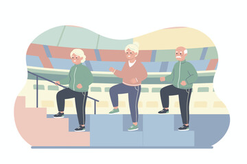 Happy seniors exercising on stadium stairs Active lifestyle fitness and healthy aging concept