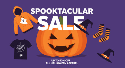 Spooktacular Halloween apparel sale illustration with ghost hoodie spider tee witch hats and jackolantern Great for promotions
