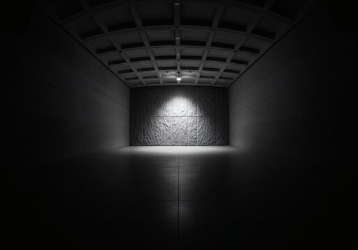 Dark and dramatic black and white shot of an empty concrete room with a textured wall and single spotlight