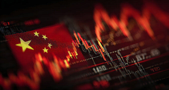 Chinese economic data analytics concept with flag and fluctuating financial charts in double exposure style on red digital background. 3D Rendering