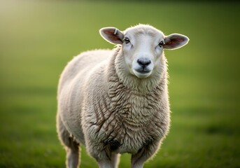 Obraz premium A close-up shot of a white sheep standing in a vibrant green pasture, looking directly at the camera with soft natural light.