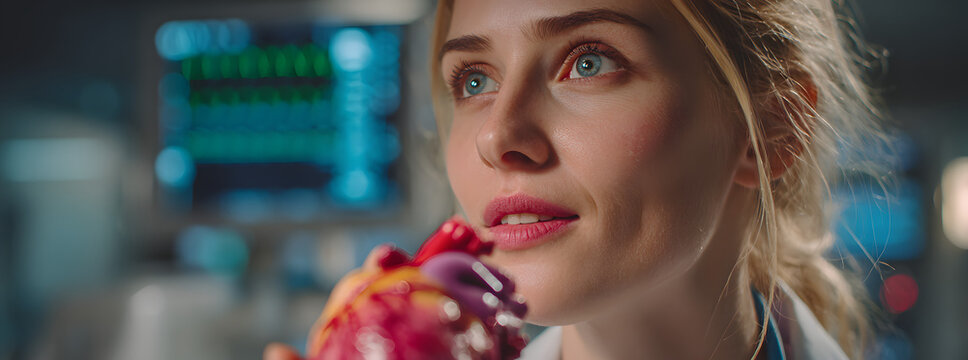 Heart disease and vascular disorder preventive concept. Cardiologist doctor hold colorful heart and examine patient heart functions. Medical technology and hospital care treatment.