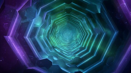 Futuristic hexagonal tunnel glowing with vibrant neon lights.