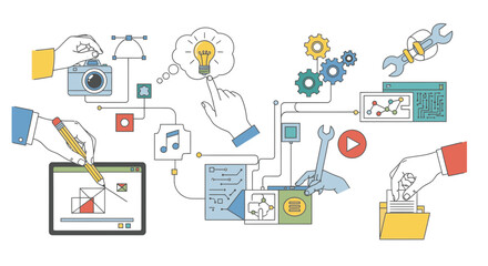 Dynamic project management workflow showing collaboration, creative tools, idea generation, and technical development in a visually engaging style