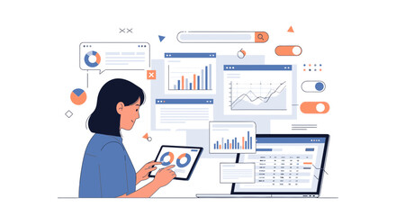 Data analytics dashboard illustration shows woman analyzing charts on tablet and laptop, perfect for business intelligence and reporting concepts