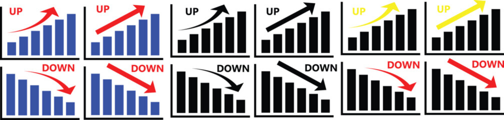 Increase and decrease funds icon vector showing financial growth and decline. Rising trend with money stack