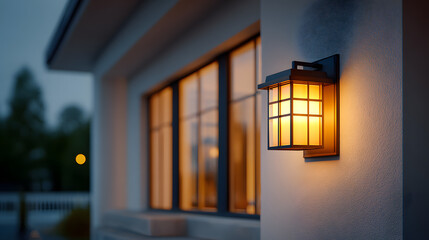 Modern wall lamp brightens exterior of beautiful house at dusk