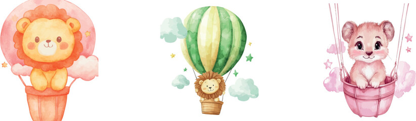 In this watercolor illustration, a hot air balloon is shown flying with a baby lion