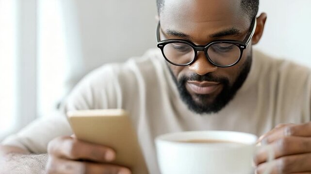 Man enjoying coffee while looking at smartphone