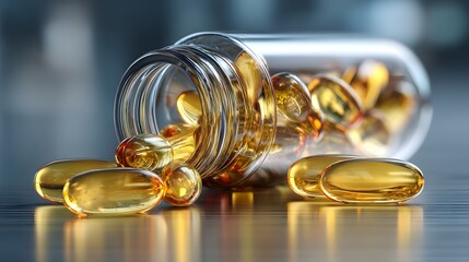 Golden Gel Capsules Spilled from Glass Container on Wooden Surface