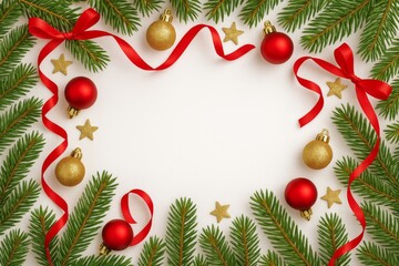 Green pine branches frame red ribbon gold glitter stars and shiny red and gold Christmas ornaments on a white background.