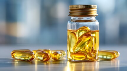 Glass jar filled with golden capsules and natural oil on table