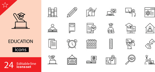 Education icons set. Includes symbols of books, graduation caps, learning, online courses, classrooms, and academic tools. Editable stroke. Vector illustration. Outline icons. Perfect for education. 