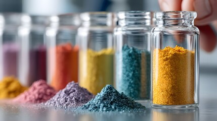 Colorful Fine Powders in Glass Vials on Table for Art and Crafts