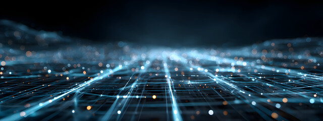 Abstract digital technology background with glowing blue lines and grid structures, symbolizing data, innovation, AI, and futuristic cyberspace.
