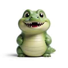 Fototapeta premium A cute and friendly 3D cartoon of a baby alligator or crocodile. The green character is sitting with a wide, toothy grin, appearing happy and playful rather than scary. Isolated on a white background.