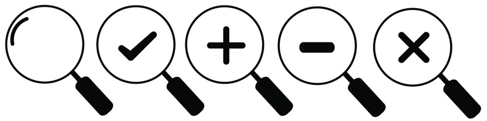 Magnifying glass icon set. Containing magnifying glass, find, research, SEO icons. Search icons.